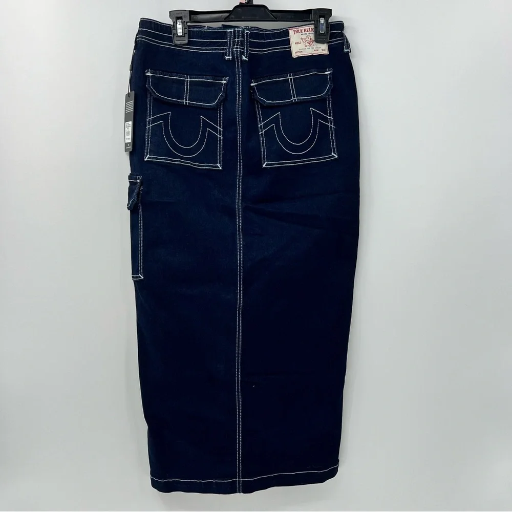True Religion Cargo Maxi Denim Skirt 28 Dark Wash Utility Y2K NWT Slit